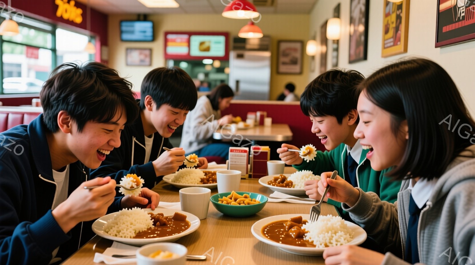 4人の若者がカレーライスを美味しそうに食べている写真です。彼らは皆カジュアルな服装で、明るい表情でスプーンを口に運んでいます。背景には、カフェのような内装と、他の客が見え、賑やかな雰囲気が伺えます。