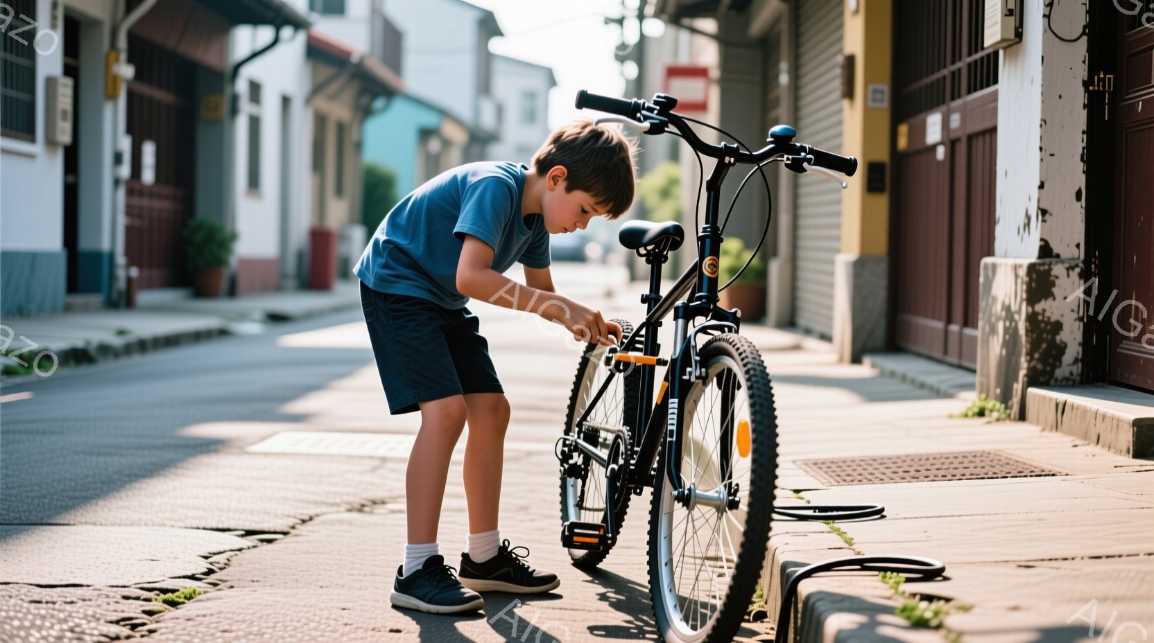 少年は紺色の半袖シャツと黒い短パン、白い靴下とスニーカーを履いており、自転車の前輪付近で何かを調整しているようだ。彼は少しうつむき加減で、集中した表情をしている。背景には石造りの建物が並び、日差しが強く、夏の日差しが感じられる、静かで落ち着いた雰囲気の通りである。