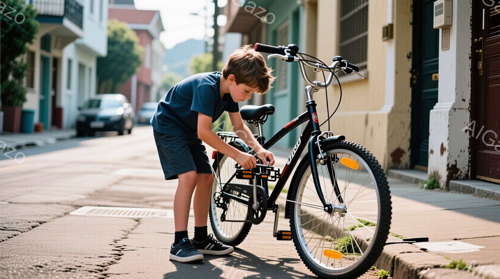 黒いショートパンツと濃い青色のTシャツを着た少年が、道路の縁石で自転車のペダルを調整している。少年は少し身をかがめ、集中した表情で自転車を見つめている。背景には建物が並び、日差しが強く、夏の晴れた日の - AI生成フリー素材