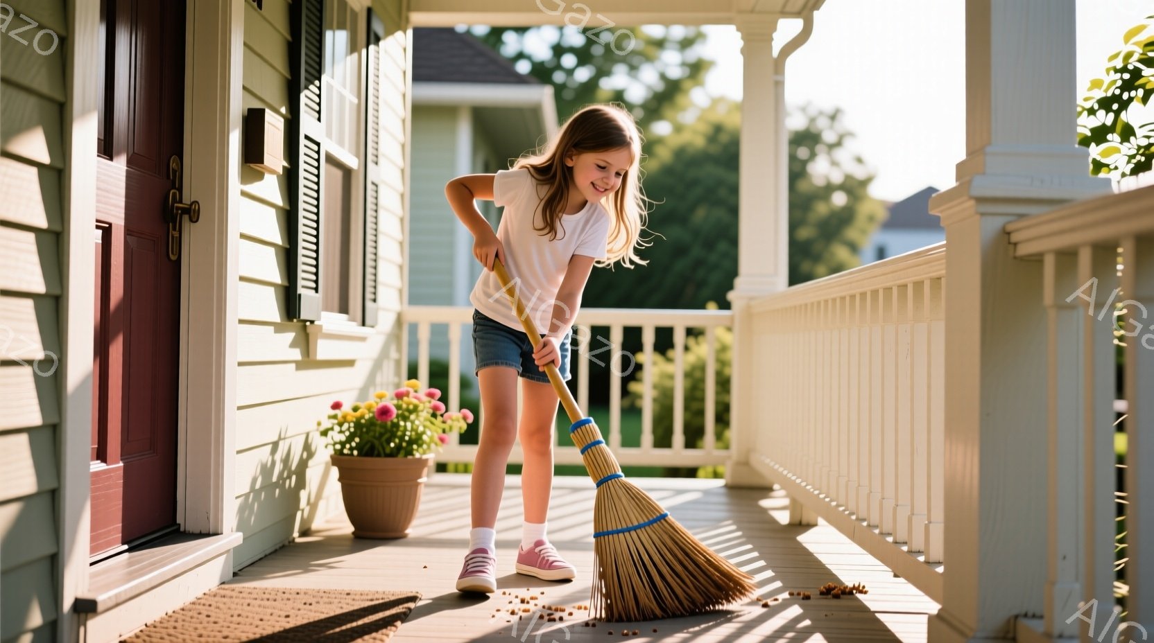 明るい日差しの中、少女が家のポーチでほうきで掃き掃除をしている。彼女はデニムのショートパンツと白いTシャツを着ており、髪は後ろで三つ編みにされている。背景には白い壁の家と庭が見え、晴れた日の穏やかな雰 - AI生成フリー素材