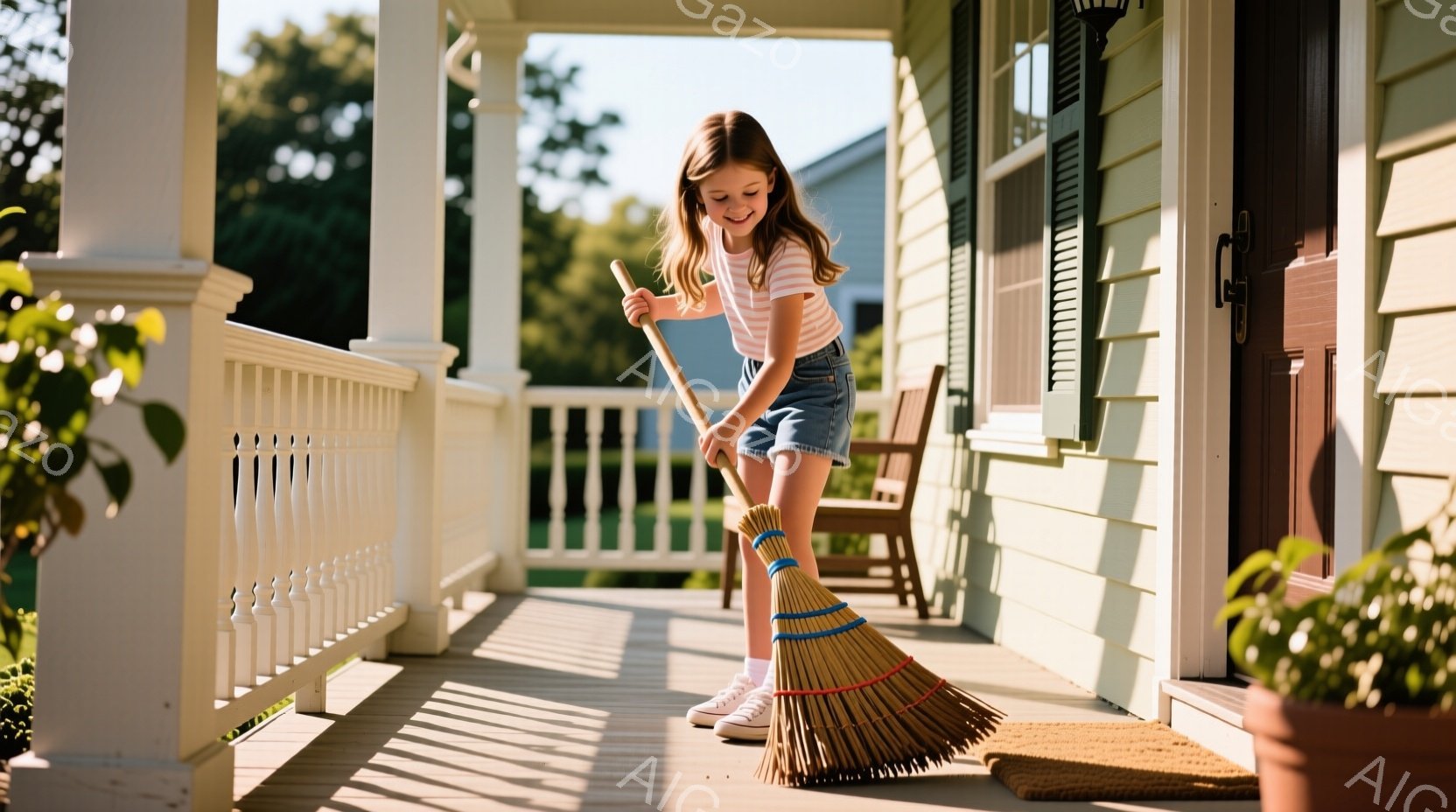 小さな女の子が、家のベランダでほうきで掃き掃除をしている。彼女はストライプのピンクと白のシャツと、デニムのショートパンツ、そして白いスニーカーを履いている。背景には、白い柱と手すり、そして緑豊かな植物 - AI生成フリー素材