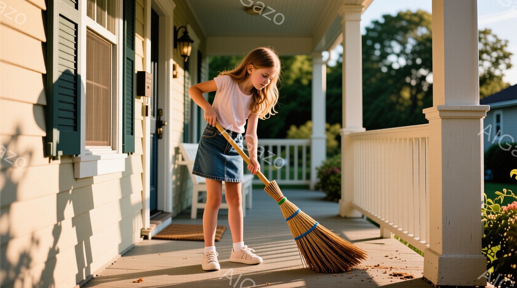 白いシャツとデニムのスカートを身につけた少女が、家のポーチでほうきで掃き掃除をしている。彼女は金髪を後ろで結び、少しうつむき加減で集中して作業に取り組んでいる。背景には白い外壁の家と緑豊かな植物が見え、晴れた日の穏やかな午後のような雰囲気である。