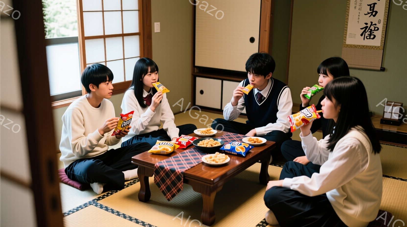 畳の部屋に座ってスナック菓子を囲む高校生たちのグループが描かれている。制服を着た生徒たちは、それぞれ異なる種類のポテトチップスを持ち、リラックスした表情で談笑しているようだ。背景には掛け軸と低いテーブル、そして伝統的な日本の部屋の雰囲気が感じられる。