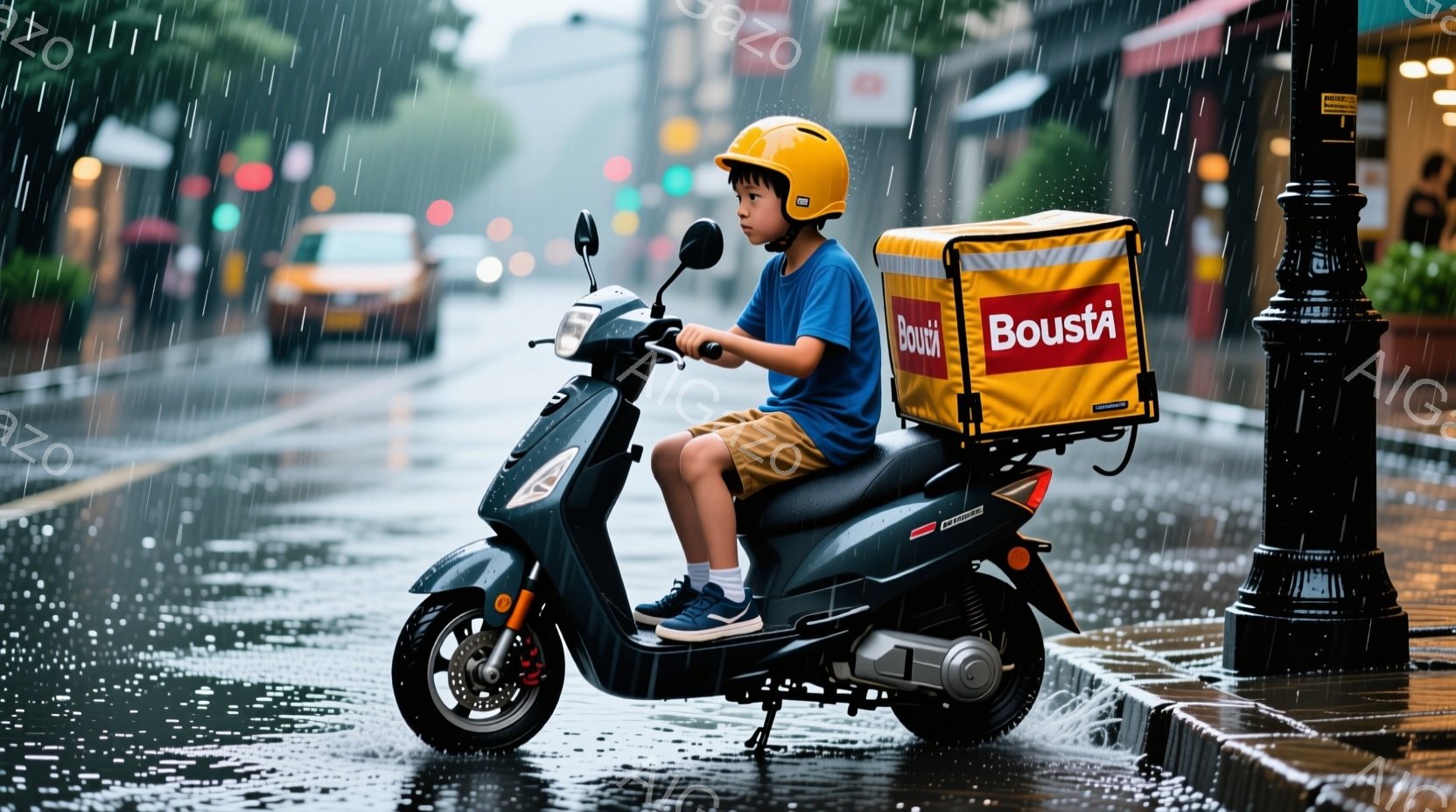 雨の降る街中で、少年が配達用のバイクに乗っている。少年はオレンジ色のヘルメットを被り、黄色いジャケットを背負い、ショートパンツとスニーカーを履いている。背景には、ぼやけた建物や街路灯が見え、雨の雫がアスファルトを濡らしている様子が伝わる。