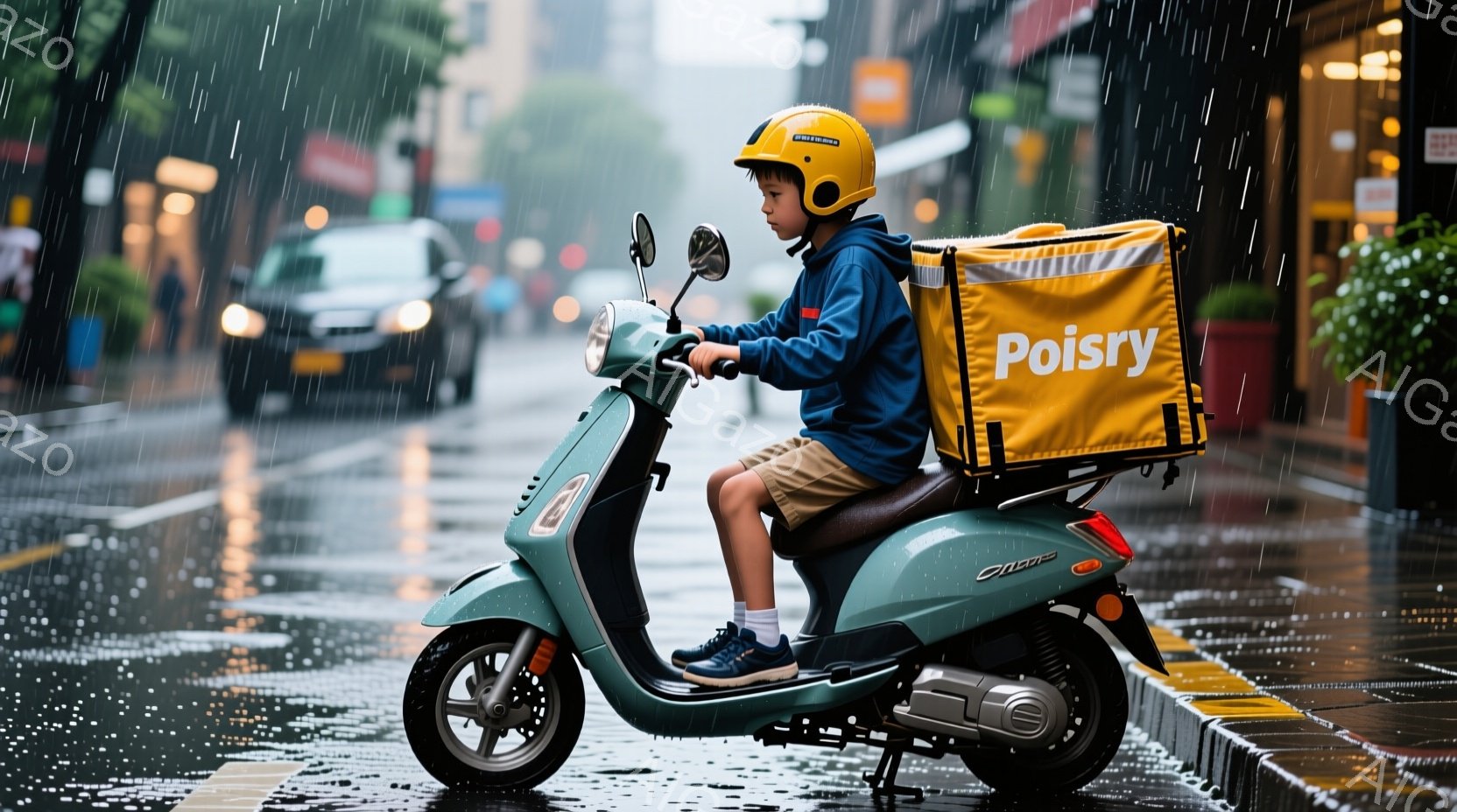 若い男性が水色のスクーターに乗って雨の中を走っている。彼は濃い青色のジャケットと茶色のショートパンツ、そして青い靴を履いており、黄色いヘルメットを被っている。背景にはぼやけた建物と道路が見え、雨が激しく降っているため、全体的に少し陰鬱で都会的な雰囲気が漂っている。