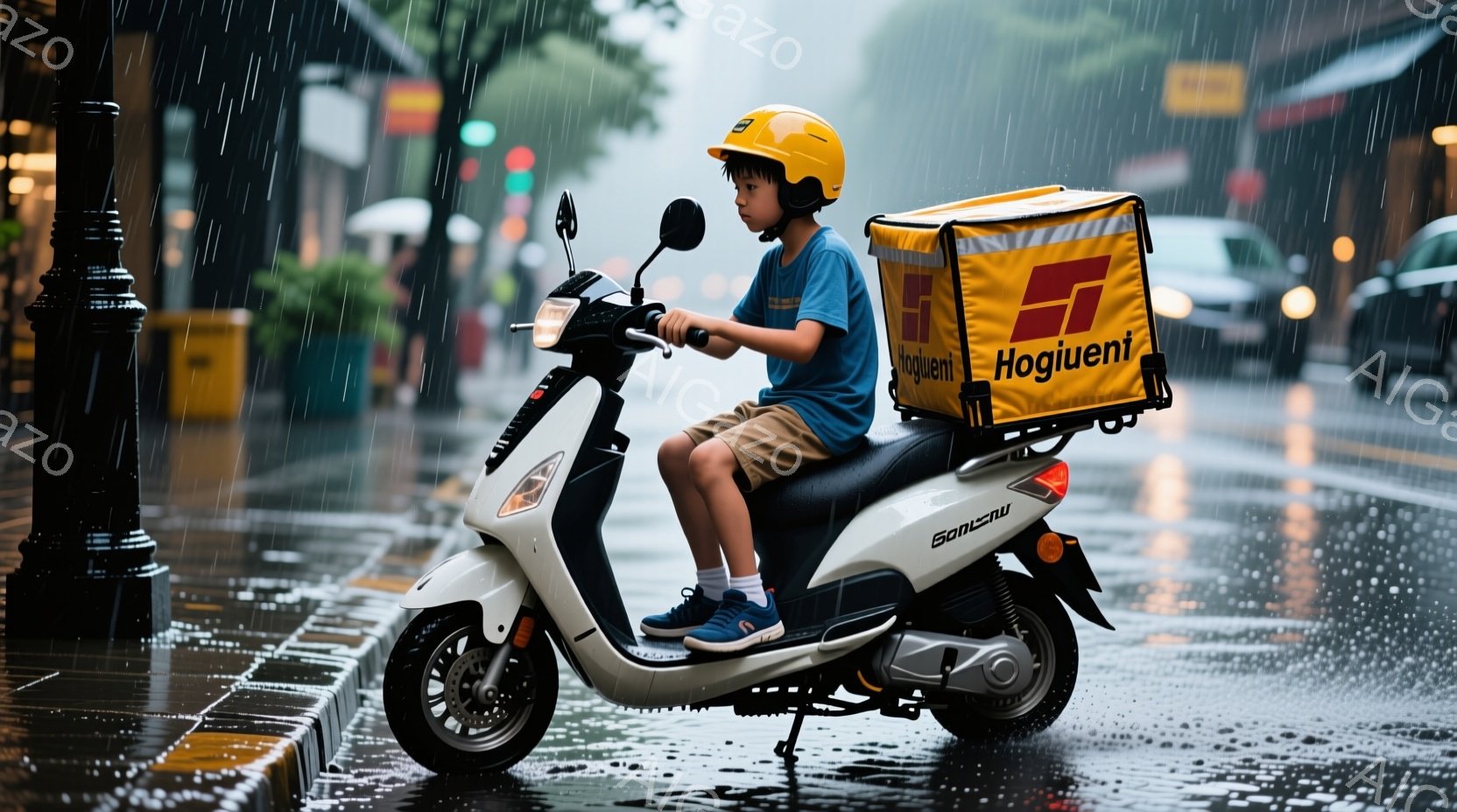 若い男性が白い電動スクーターに乗り、雨の中を運転している。彼はオレンジ色のヘルメットを被り、黒いTシャツ、カーキ色のショートパンツ、青いスニーカーを履いている。背景には雨で濡れた道路、ぼやけた建物、木々が見え、全体的にどんよりとした、雨の日の雰囲気である。