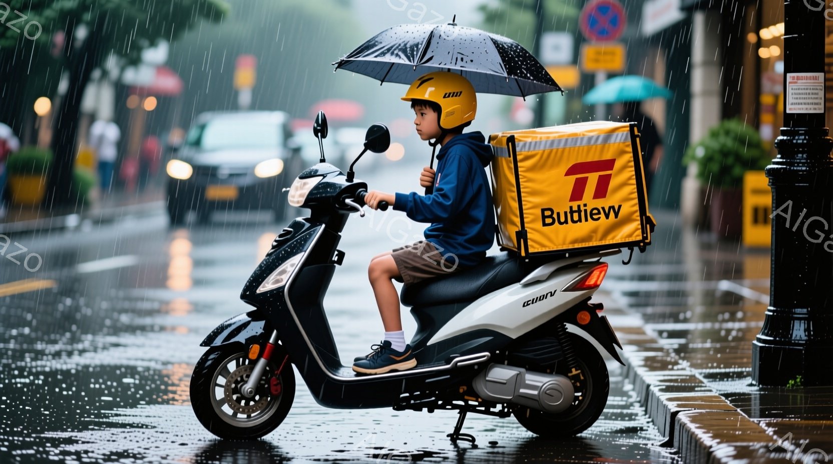 雨の日の道路で、オレンジ色の配達ボックスを背負った若い男性がスクーターに乗っている。彼は青い上着、ジーンズ、スニーカーを身につけ、ヘルメットをかぶっており、雨から身を守るために傘を差している。背景にはぼやけた建物や車が見え、全体的に少し憂鬱で、雨の日の配達の日常を捉えた雰囲気である。