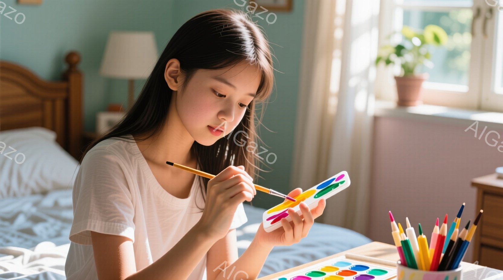 若い女性がベッドに座り、絵の具のパレットに筆で色を塗っています。彼女は白いTシャツを着ており、長くストレートな黒髪を持っています。背景には木製のナイトスタンドと窓から差し込む自然光があり、落ち着いた雰囲気です。