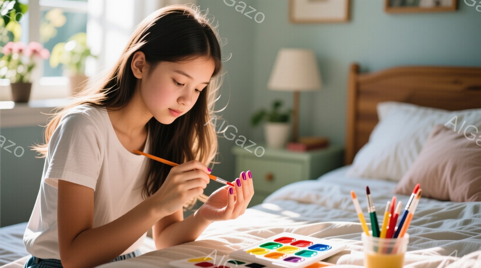 茶髪の少女がベッドに座り、絵を描いています。白いTシャツを着ており、髪は自然に肩にかかっています。集中した表情で、パレットから筆で色をとり、指の爪に色を塗っている様子です。