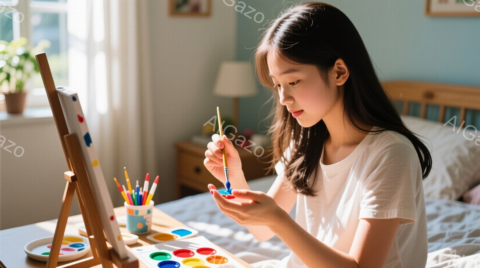 茶髪の少女がイーゼルに向かい、絵を描いている様子が写っている。白いTシャツを着ており、髪は肩まで伸びて自然に流れている。彼女は集中した表情で筆に青い絵の具をつけており、背景にはベッドと小物が写り、室内で穏やかな時間が流れていることを示している。