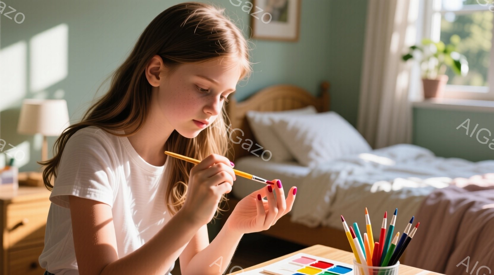 若い女の子が、ベッドの横にあるテーブルで爪にマニキュアを塗っています。彼女は白いTシャツを着ており、長く明るい髪は肩にかかっています。背景には、ベッド、小さなテーブル、そしていくつかの植物が見え、部屋は明るい日差しに満ちています。