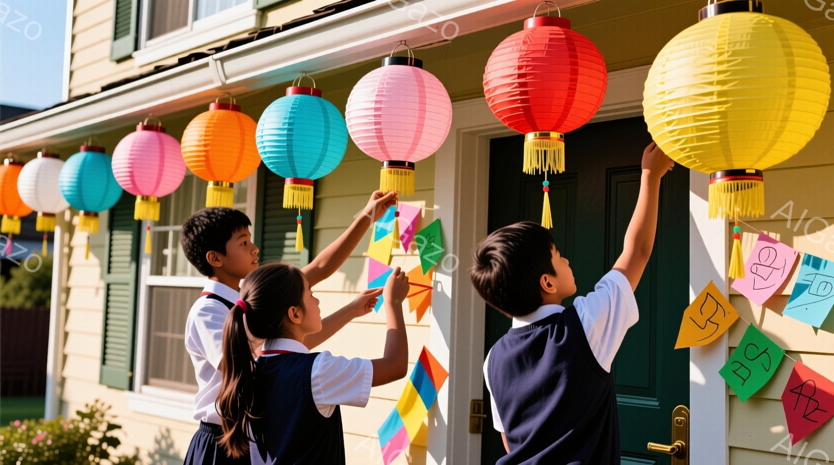 三人の子供たちが家の外でカラフルな提灯と折り紙の飾り付けを行っています。紺色のブレザーと白いシャツを着ており、一人の女の子は三つ編みをしています。背景にはクリーム色の家と緑のドアがあり、晴れた空の下、明るく楽しい雰囲気が漂っています。