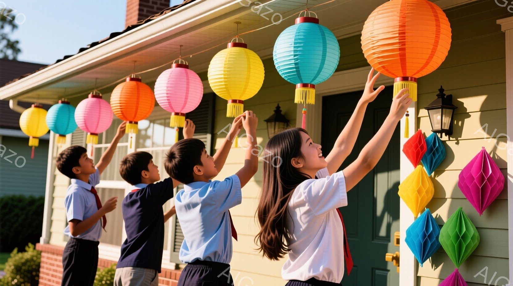 四人の子供たちが家の外で提灯を飾っています。彼らは制服のような青いシャツと茶色のズボンまたはスカートを着ており、女の子は長い髪を後ろで結んでいます。背景にはレンガの家と緑の芝生が見え、晴れた日の穏やか - AI生成フリー素材