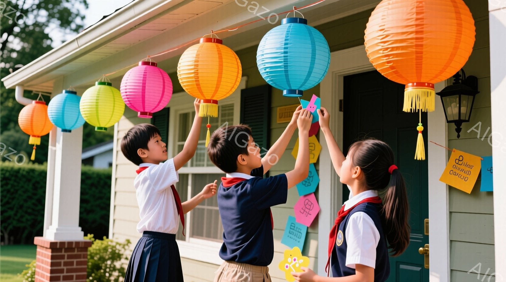 3人の子供たちが、家のポーチに色とりどりの提灯を飾り付けている様子が写っている。子供たちは制服姿で、白いシャツに濃い青色のスカートまたはズボンを着用し、赤いスカーフを首に巻いている。背景には緑豊かな庭園と、晴天の空が広がり、お祭りのような活気のある雰囲気が漂っている。