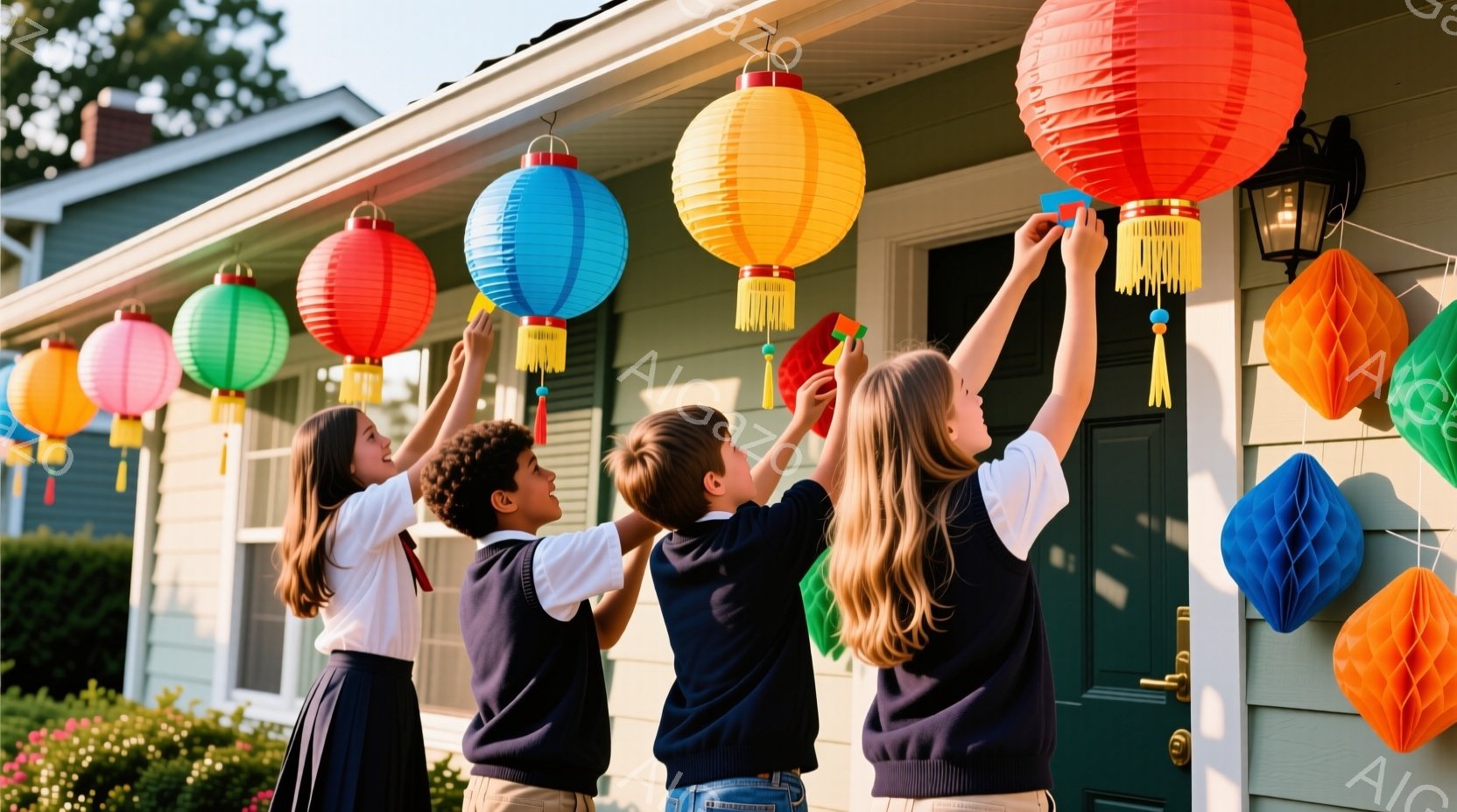 複数の子供たちが家のポーチにカラフルな提灯を飾り付けている様子が写っている。子供たちは紺色のセーターとベージュのズボンを着用し、髪はそれぞれ三つ編みや短髪で、笑顔で提灯に手を伸ばしている。背景には緑色 - AI生成フリー素材