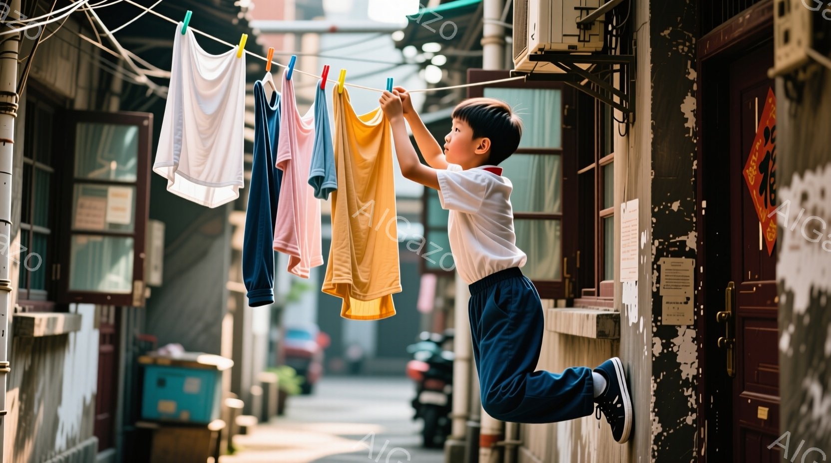 男子は白いシャツに濃い青色のズボンを着用し、空中でジャンプしている。背景には、色とりどりの洗濯物が干されたロープと、古びた建物が連なる狭い路地が広がり、日差しが差し込んでいる。この瞬間を捉えた写真は、子供の無邪気な躍動感と、どこか懐かしい路地の雰囲気が漂う。