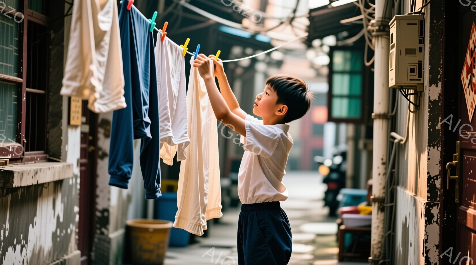 少年は紺色の短パンと白いシャツを着て、洗濯物をピンで留めています。彼の髪は短く整えられ、真剣な表情で洗濯に集中しています。背景は古びた建物が立ち並ぶ狭い路地で、日差しが差し込み、少し埃っぽい雰囲気が漂っています。