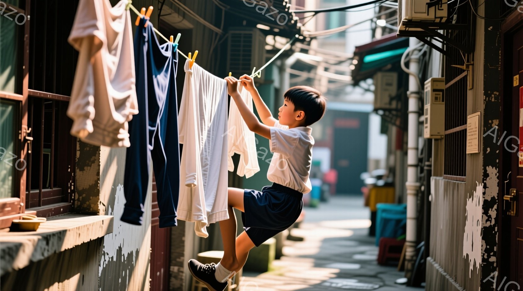 少年は、狭い路地で洗濯物を干している途中で、片足でジャンプしている。白いTシャツと紺色の短パンを着用し、黒いスニーカーを履いている。背景は老朽化した建物が立ち並び、日差しが差し込み、生活感のある路地裏 - AI生成フリー素材