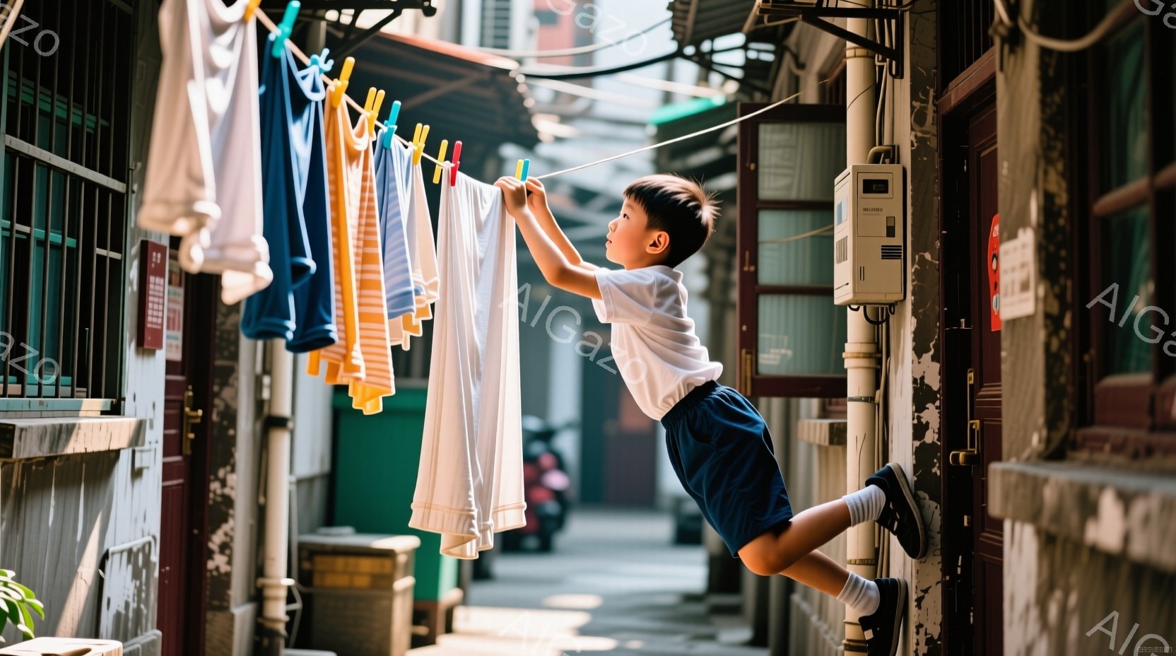 男子は白い半袖シャツと濃い青色の短パンを着ており、黒い髪は短く切られています。彼は洗濯物ロープに手を伸ばし、少しジャンプして、まるで飛行機のように空中でポーズをとっています。背景は狭い路地で、古びた建物が立ち並び、洗濯物が吊るされています。