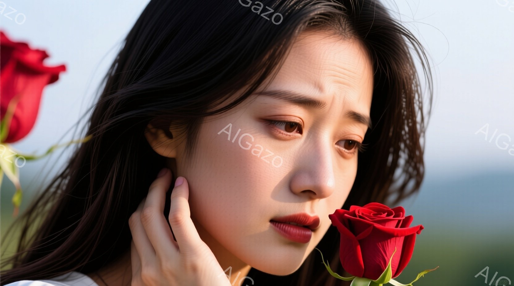 長い黒髪を無造作に垂らした若い女性が、頬に手を当てて少し憂いを帯びた表情でこちらを見ている。鮮やかな赤いバラが2本、女性の横にあり、焦点が合っている。背景はぼやけているが、緑の草地と青空が広がり、穏やかな日の光が差し込んでいる様子が伺える。