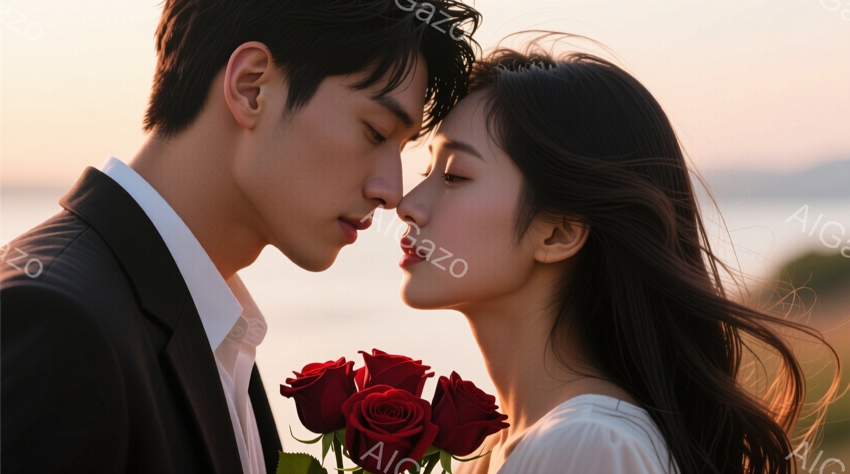 新郎は黒いスーツと白いシャツを着ており、新婦はオフホワイトのドレスを着ています。二人は顔を近づけ、互いに愛を確かめ合うように見つめ合っています。背景には穏やかな海と夕焼け空が広がり、ロマンチックで優しい雰囲気を醸し出しています。