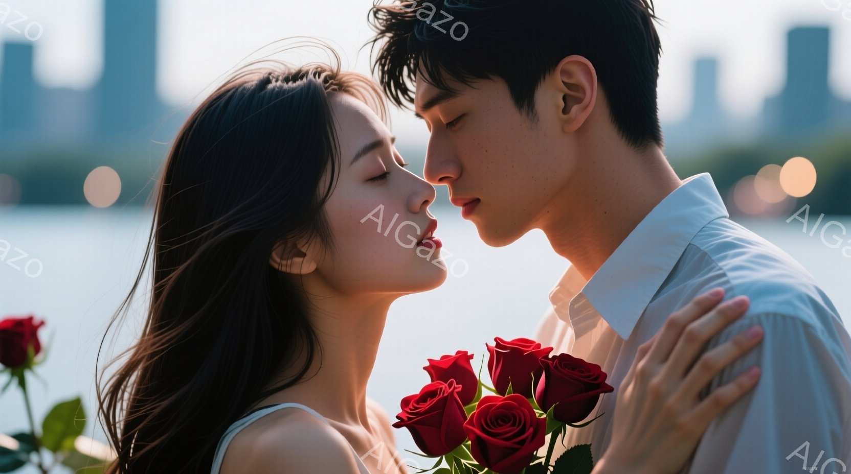 長い黒髪の女性と、白いシャツを着た男性が互いに顔を近づけ、ロマンチックな雰囲気を醸し出しています。女性は目を閉じ、男性は優しく微笑み、抱き合っている様子から愛情が伝わってきます。背景にはぼやけた建物と - AI生成フリー素材