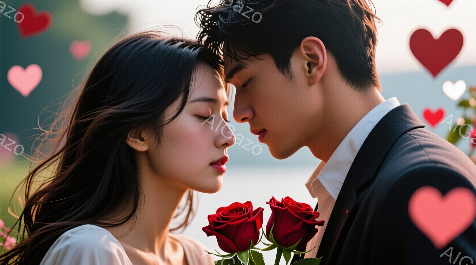 長い黒髪の女性と、黒いスーツを着た男性が顔を寄せ合い、互いに見つめ合っています。女性はオフホワイトのトップスを着ており、男性は赤いバラの花束を持っています。背景はぼやけた自然の風景で、空にはハート型の光が舞い、ロマンチックで温かい雰囲気を醸し出しています。