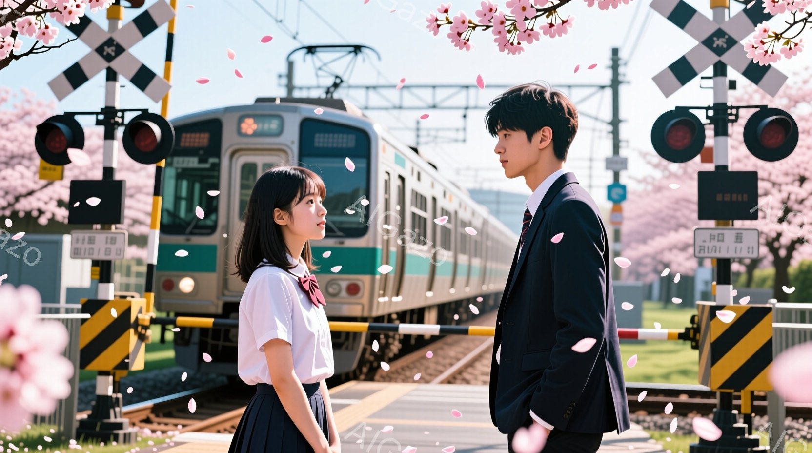 制服姿の若い男女が線路の前で向き合って立っている。女性は黒髪のボブヘアで、白いブラウスとリボン、紺色のスカートを着用し、少し下を見ている。男性は黒いスーツを着ており、遠くを見つめており、背景には桜の花びらが舞い、鉄道の線路と車両、そして青空が広がっている。
