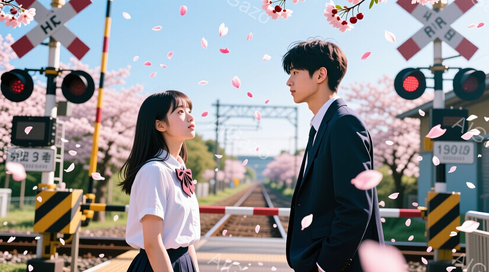 制服を着た女子高生と男子生徒が線路の前で向き合って立っている。桜の花びらが舞い散り、春の暖かな日差しが降り注ぐ中、二人は少し顔を上げて互いを見つめている。背景には線路、信号機、桜並木が見え、穏やかでロマンチックな雰囲気が漂っている。