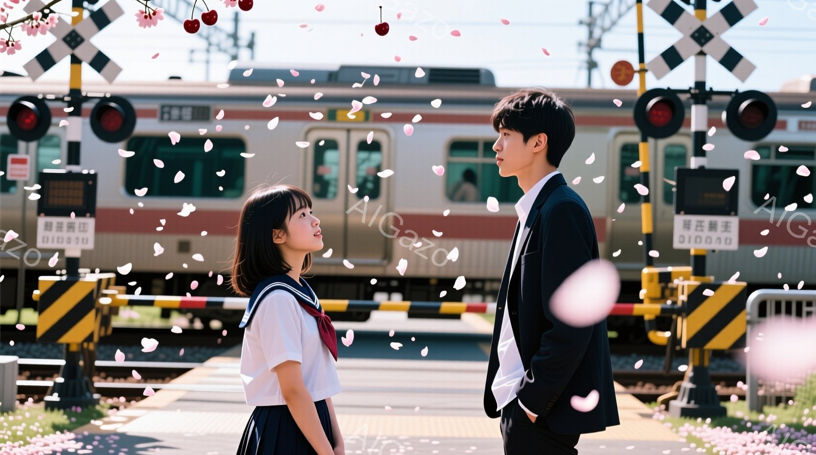 制服を着た女子高生とスーツ姿の男子が線路沿いの踏切で向かい合っている。桜の花びらが舞い散り、背景には電車が停車しているのが見える。二人は少し顔を上げ、互いの視線を捉え、春の暖かく、少し切ない雰囲気を醸し出している。