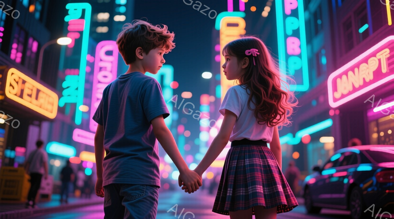 夜の街を歩く少年と少女が描かれています。少年は青いTシャツとジーンズ姿で、少女は白いTシャツにチェックのスカートを履き、髪をリボンで結んでいます。ネオンサインが輝く背景と、二人が手をつないで歩く姿から - AI生成フリー素材
