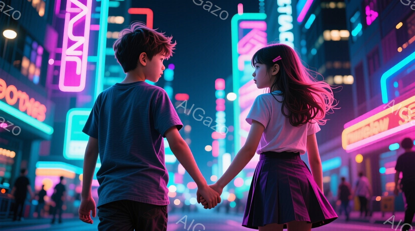夜の賑やかな街を、少年と少女が手をつないで歩いている。少年は短い茶色の髪で、青いTシャツとズボンを着用し、少女は長い茶色の髪で、白いTシャツに紫色のプリーツスカートを着用している。背景にはネオンサイン - AI生成フリー素材