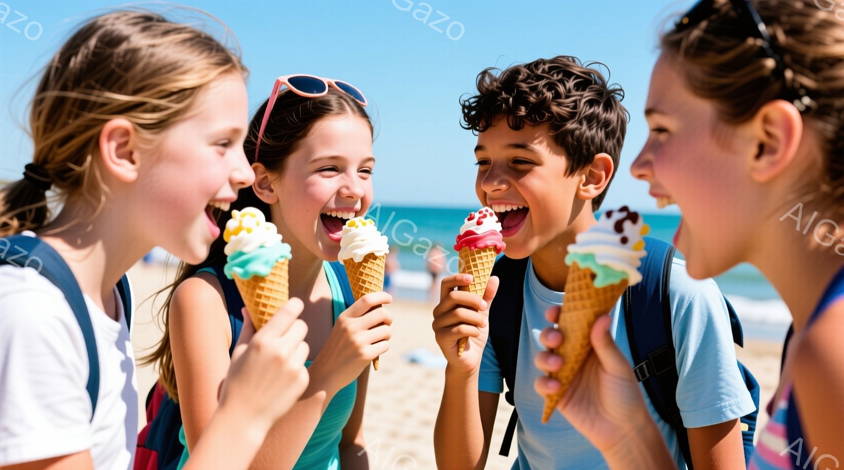 砂浜でアイスクリームを楽しむ子供たちが写っています。女の子は緑色のトップスとピンクのサングラスをかけ、明るい笑顔を見せています。男の子は青いシャツを着て、アイスクリームを大きく口を開けて楽しんでいます。