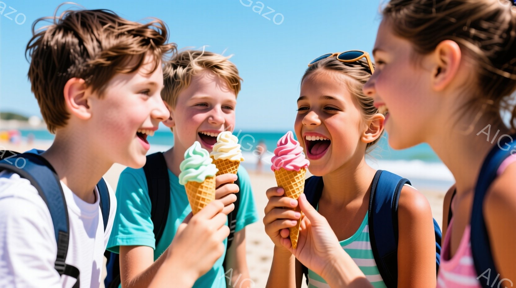 砂浜でアイスクリームを持つ3人の子供たちが写っている。少年は白いTシャツにターコイズブルーのシャツを着ており、緑色のソフトクリームを手にしている。少女は縞模様のシャツを着て、ピンク色のソフトクリームを - AI生成フリー素材