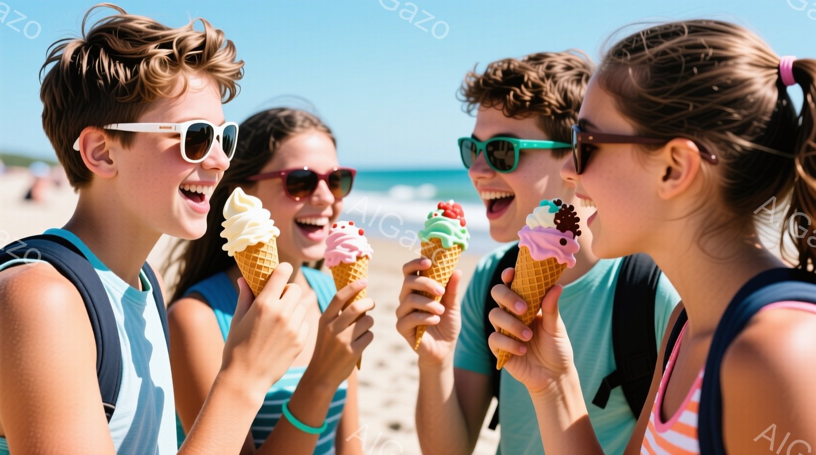 砂浜でアイスクリームを持つ若い男女4人が写っています。彼らはそれぞれ異なる色のソフトクリームを手に持ち、楽しそうに笑っています。背景には青い空と海が広がり、晴れた夏の日の穏やかな雰囲気が伝わってきます。