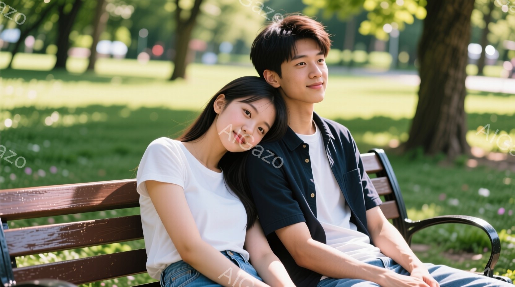 若い男女が公園のベンチに座っており、女性は男性の肩にもたれて微笑んでいます。女性は白いTシャツとジーンズ、ロングヘアで、男性は黒いシャツを着ています。背景には緑豊かな木々と芝生があり、晴れた日の穏やか - AI生成フリー素材