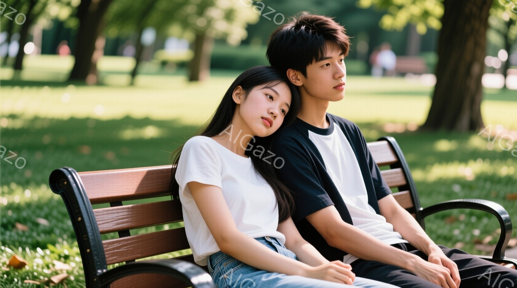 若い男女が公園のベンチに並んで座っている。女性は白いTシャツとジーンズを着用し、長い黒髪を肩に垂らしている。男性は黒と白のストライプのシャツを着ており、やや遠くを見つめ、女性は少し憂鬱な表情をしている。