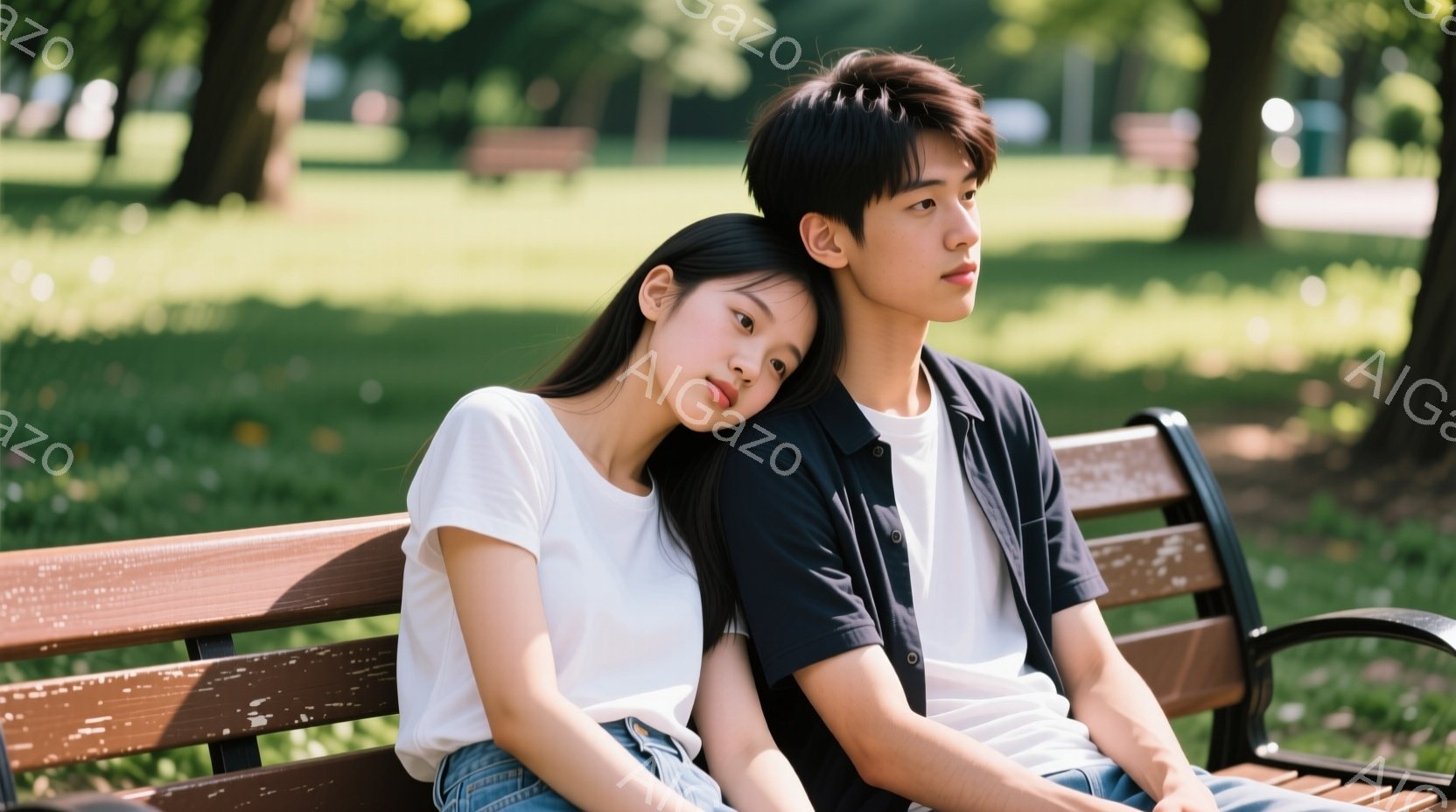 若い女性と男性が公園のベンチに座っており、女性は男性の肩に頭を預けています。女性は白いTシャツとデニムのショートパンツを着ており、長い黒髪をしています。男性は黒いシャツを着ており、少し遠くを見つめています。