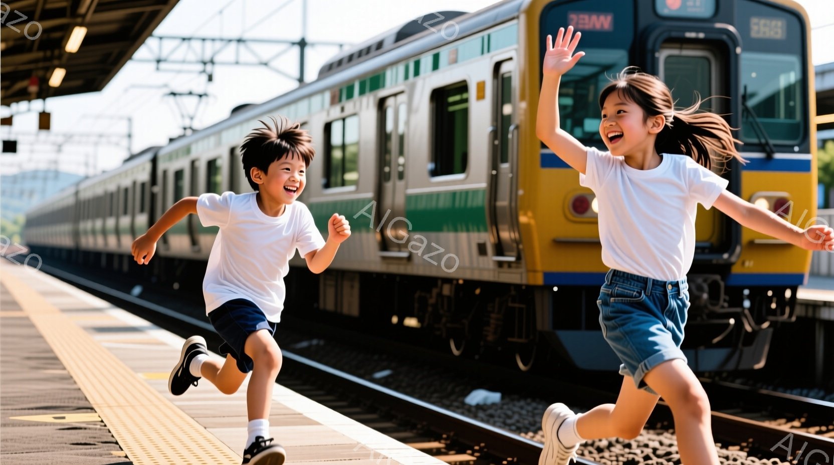 少年と少女が駅のホームを駆け抜けている。少年は黒い髪で青いショーツ、少女はポニーテールでデニムのショーツを着ており、どちらも白いTシャツを着ている。背景には緑と黄色の電車が停車しており、晴れた空と緑豊かな風景が広がっている。