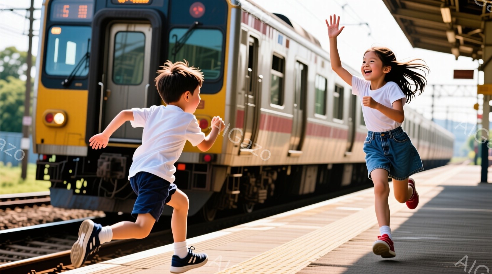少年と少女が駅のホームで走り、楽しそうに笑っている。少年は白いTシャツに青い短パン、少女は白いTシャツにデニムのスカートを着ており、それぞれスニーカーを履いている。背景には、緑豊かな山々と、電車が写っており、晴れた日の活気ある雰囲気が伝わってくる。