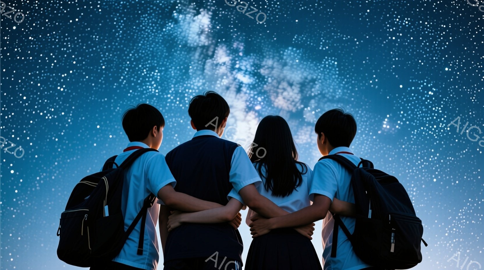 紺色の背景に、肩を組んだ4人の学生が写っている。彼らは皆、白いシャツと紺色のブレザーを着ており、黒いリュックサックを背負っている。背景には星空が広がり、夢見がちな雰囲気を醸し出している。