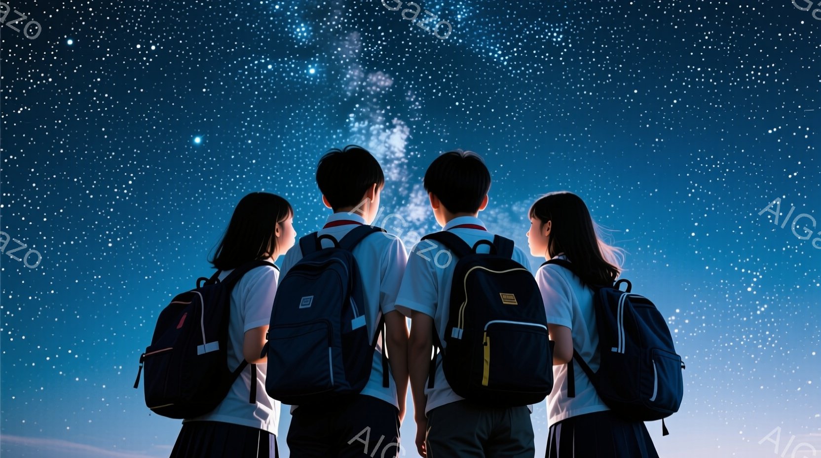 背中を向けて立つ制服姿の生徒たちが写っている。紺色のスカートまたはズボンを履き、それぞれ背中に黒いリュックサックを背負っている。背景は夜空で、満天の星と天の川が広がり、静かで神秘的な雰囲気を醸し出して - AI生成フリー素材