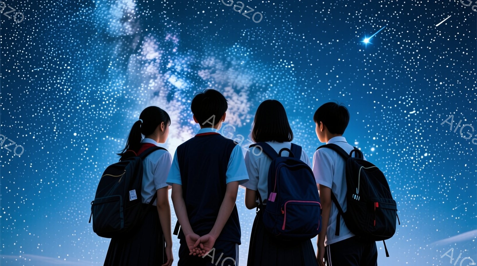 四人の学生が並んで立っており、皆背中を向けているため顔は見えない。制服姿で、それぞれリュックサックを背負い、紺色のスカートまたはズボンを履いている。背景は夜空で、無数の星と銀河が広がり、流れ星が一つ見えている。