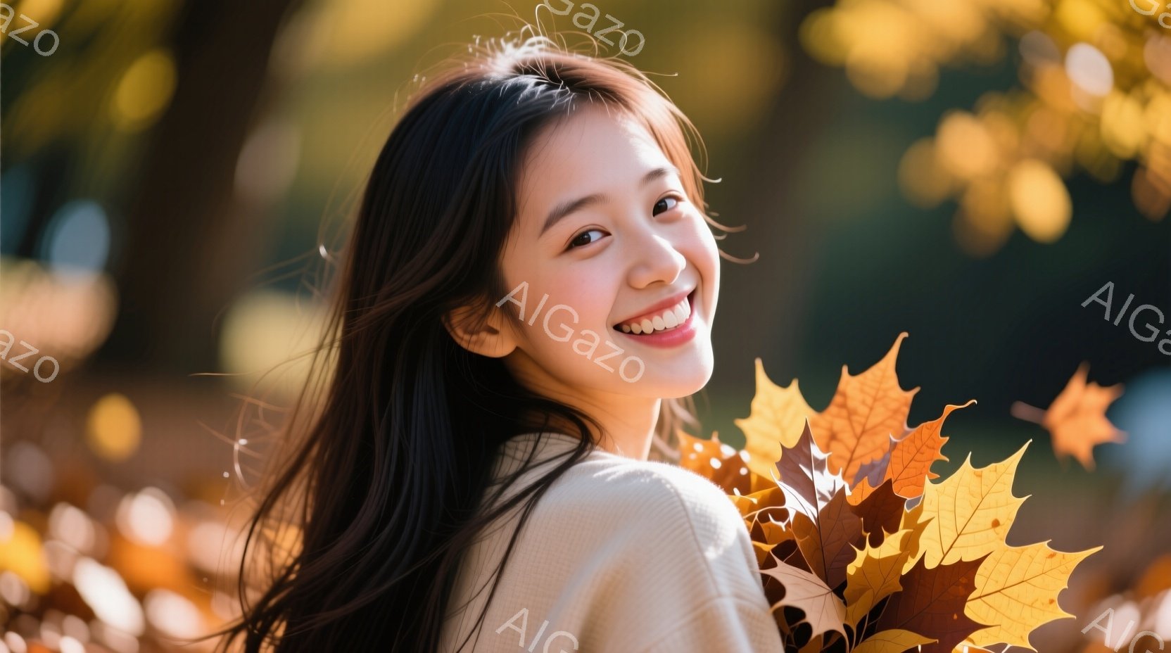 長い黒髪をなびかせ、ベージュ色のセーターを着た若い女性が微笑んでいます。彼女は少し横を向き、左肩にたくさんの黄色やオレンジ色の紅葉の葉を抱えています。背景はぼやけた自然で、秋の暖かく穏やかな雰囲気が漂 - AI生成フリー素材