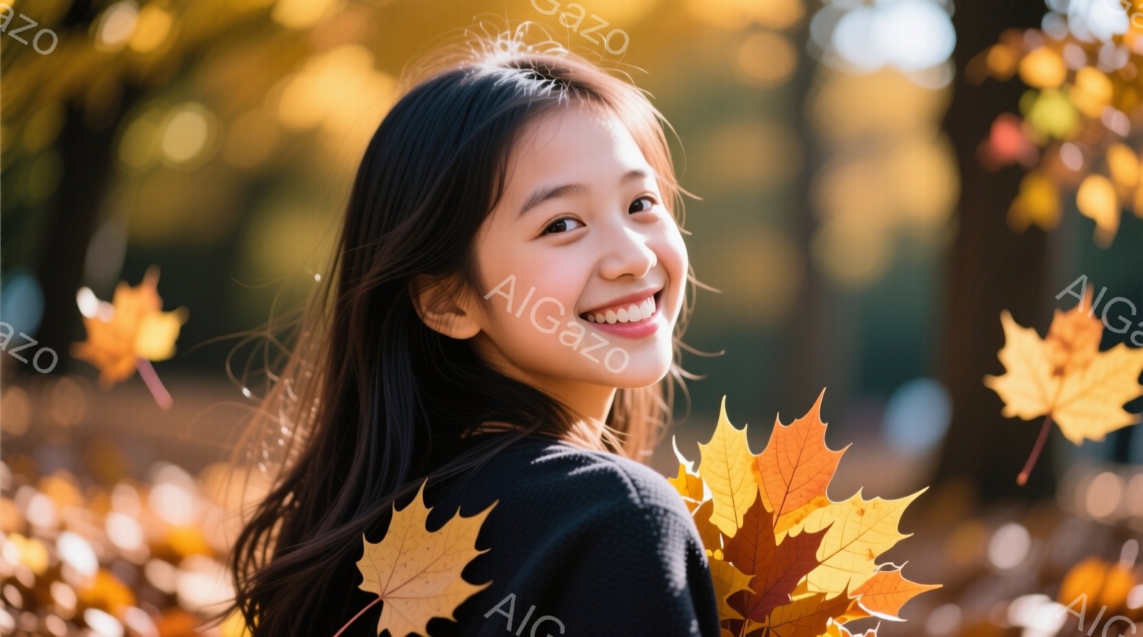 長い黒髪の女性が、秋の紅葉を背景に微笑んでいます。彼女は黒いセーターを着ており、少し振り返ってカメラを見ています。背景には、落ち葉で覆われた地面と、ぼやけた木々が見え、暖かく穏やかな秋の雰囲気が漂って - AI生成フリー素材