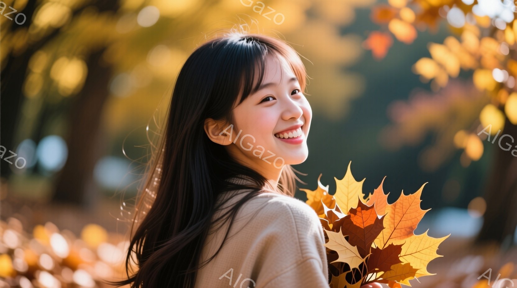 長い黒髪を肩から背中に流し、前髪を軽く斜めに流した女性が微笑んでいます。ベージュ色のセーターを着ており、片手に紅葉の葉っぱを抱えています。背景には緑とオレンジ色の葉が茂った木々があり、秋の暖かく穏やか - AI生成フリー素材