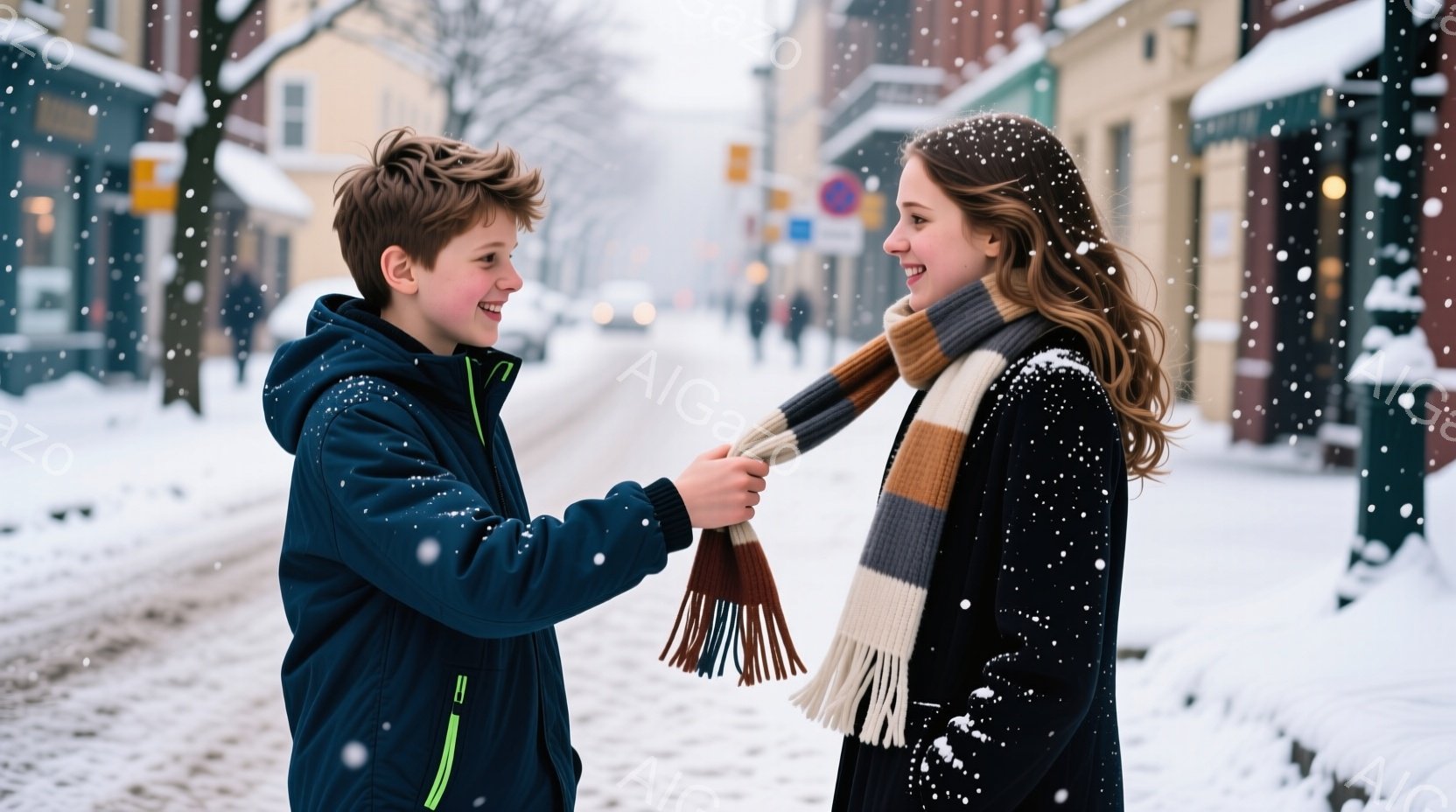 雪が降る街中で、少年が少女にスカーフを巻き付けている様子が捉えられています。少年は紺色のジャケットに緑色のラインが入った服を着ており、髪は短く整えられ、笑顔を見せています。少女は黒いコートを着て、長い - AI生成フリー素材