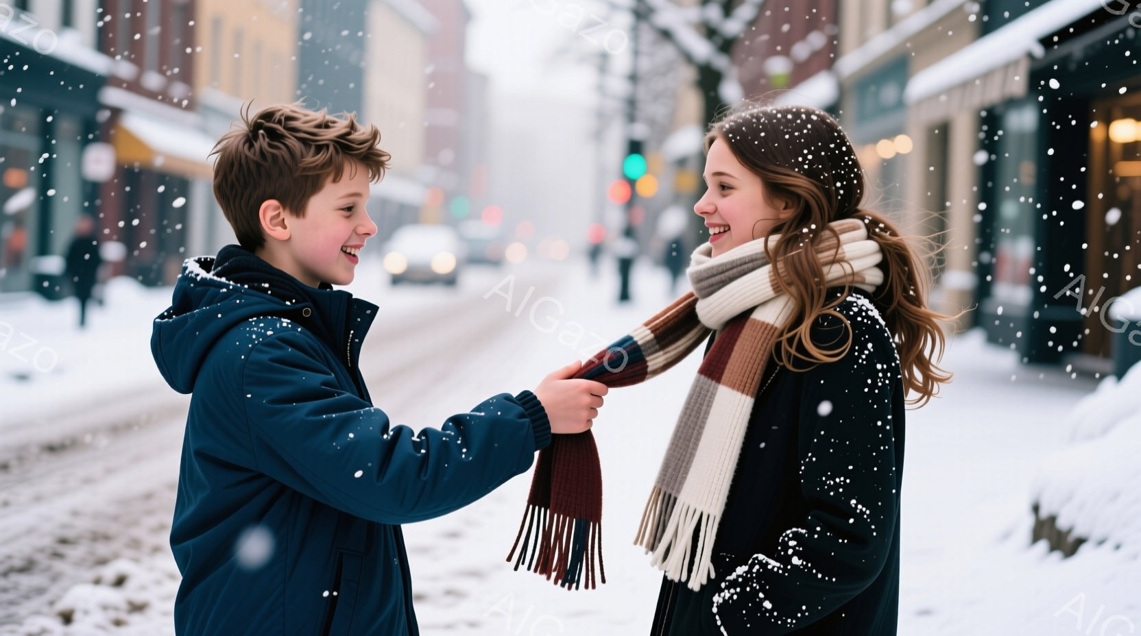 雪が降る街並みで、少年が少女にマフラーを巻いてあげています。少年は濃い青色のジャケットを着ており、髪は短く整えられています。少女は黒いコートを着て、茶色の髪を後ろで束ねており、笑顔で少年の行動を受け入 - AI生成フリー素材