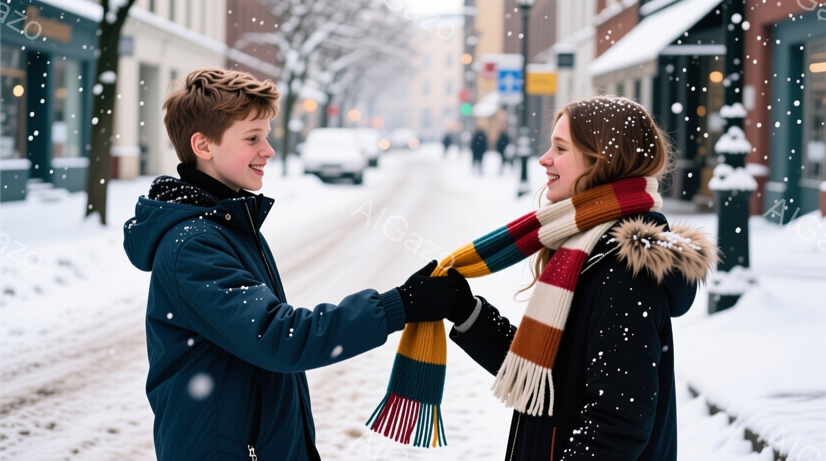 少年と少女が雪の降る街中で向かい合っている。少年は濃い青色のジャケットを着ており、髪は赤みがかった茶色で短く整えられている。少女は黒いパディングジャケットに、カラフルなストライプの長いマフラーを巻いて - AI生成フリー素材