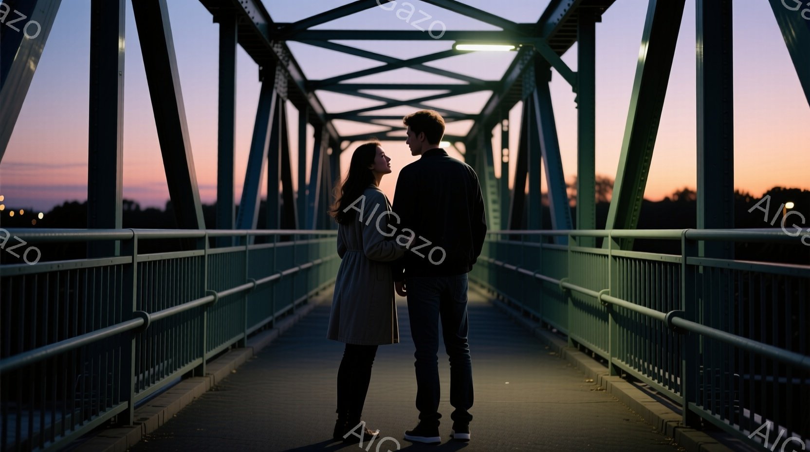 橋の上で、一対のカップルが向き合って立っている。女性はベージュ色のトレンチコートを着ており、男性は黒いジャケットとジーンズ姿である。背景は夕焼け空で、橋の構造がシルエットとして際立っており、ロマンチックで穏やかな雰囲気を醸し出している。
